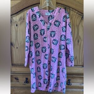 Women Hotel Spa pink gray owl print sleeve soft fleece robe size S
